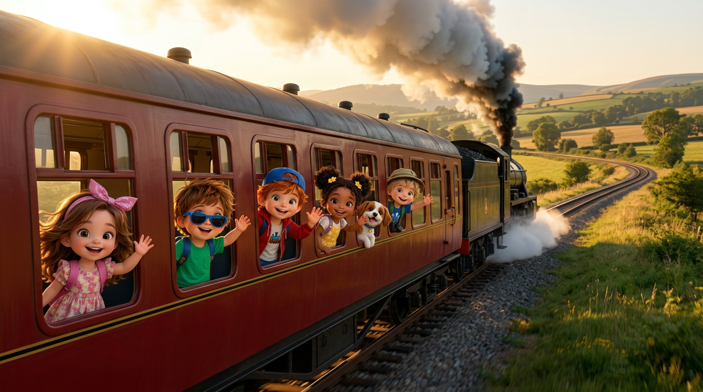 The gang waving from the steam train in the countryside