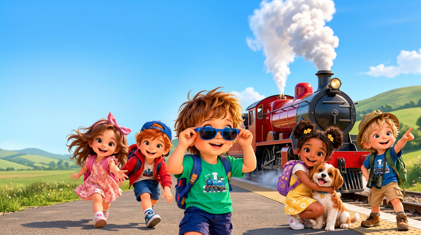 Sasha and the Chuff-Chuff Gang on the railway platform with a steam train